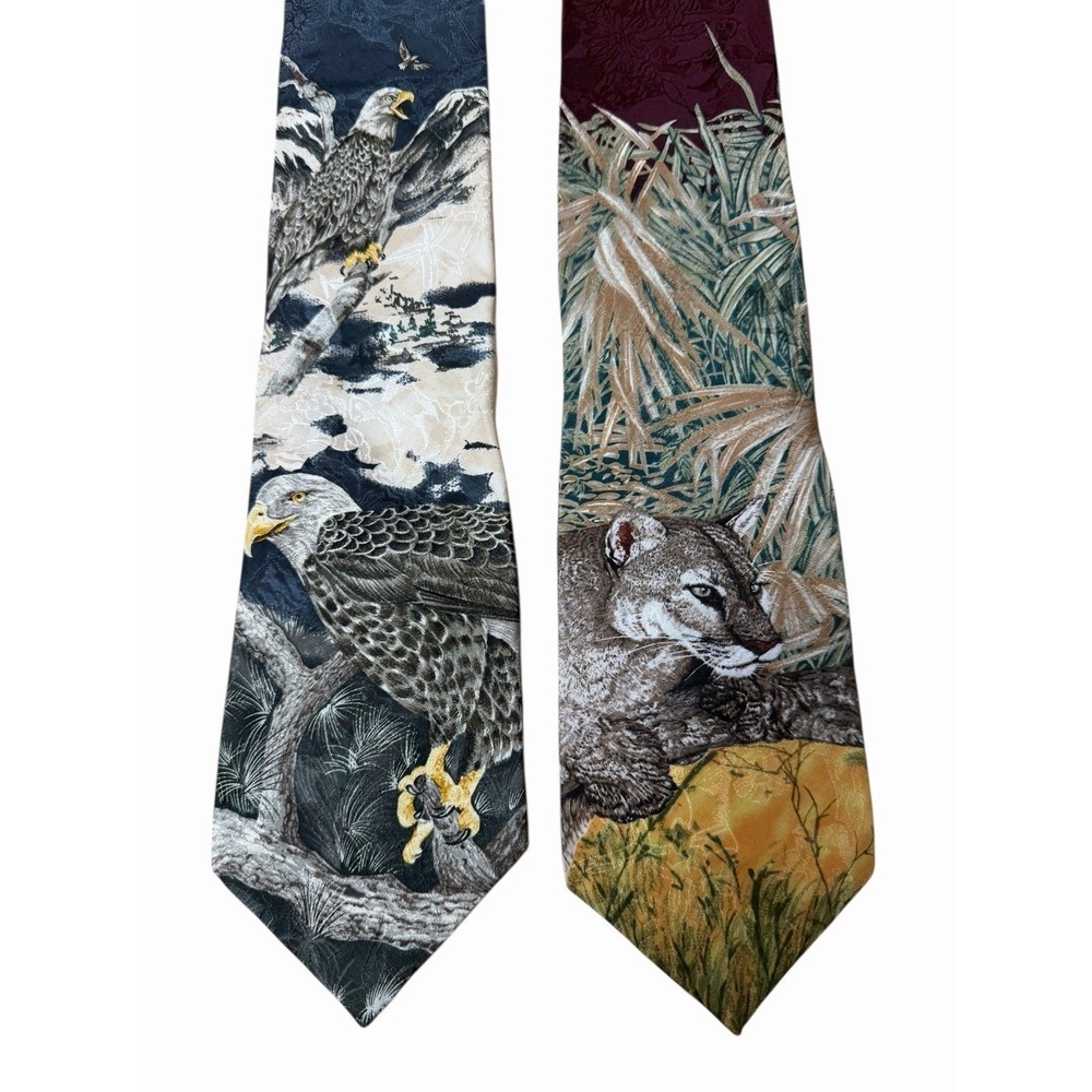 VTG Lot 2 ENDANGERED SPECIES Mens Silk‎ Neck Tie Florida Panther  Bald Silk USA